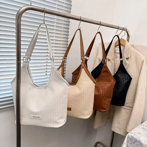 Gewebte PU Leder Einkaufstasche Große Kapazität Schulter Unterarm Handtasche Für Frauen Täglich Pendeln Urban Einfach
