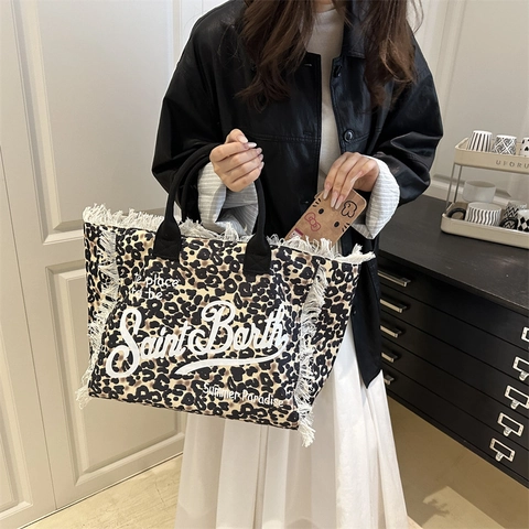 Canvas Tote Bag Mit Leopardenmuster Weiße Quasten Fransen Große Kapazität Strand Urlaub Handtasche Für Damen
