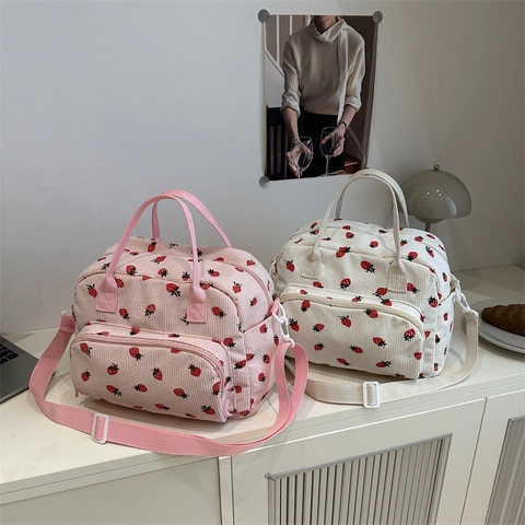 Polyester Corduroy Strawberry Travel Bag Large Capacity Women Shoulder Crossbody Bag Printed Handbag Ladies Girls Travel