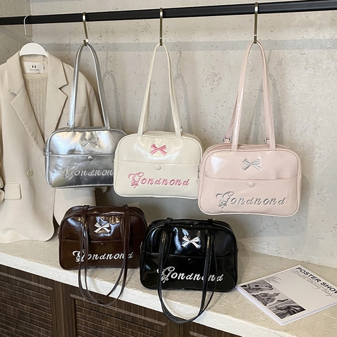 Sac À Épaule Vintage En Similicuir PU Brillant Avec Nœud Et Broderie De Lettres Style JK Japonais Sac À Main Pour Femmes