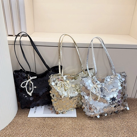 Sequin Tote Bag Large Circular Sequins Underarm Shoulder Bag Minimalist Urban Party Handbag Women Artificial Pearl Bow Charm