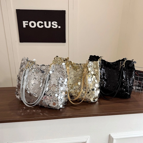 Dames Pailletten Tote Bag Grote Capaciteit Glimmende Schoudertas Met Metalen Ketting En PU Leren Riem Voor Feest Dagelijks