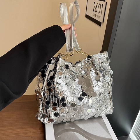 Dames Pailletten Tote Bag Grote Capaciteit Glimmende Schoudertas Met Metalen Ketting En PU Leren Riem Voor Feest Dagelijks