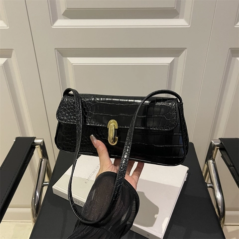 Borsa Baguette Da Sottoascella Da Donna Motivo Coccodrillo Pelle PU Vintage Minimalista Borsa A Spalla Fibbia Dorata
