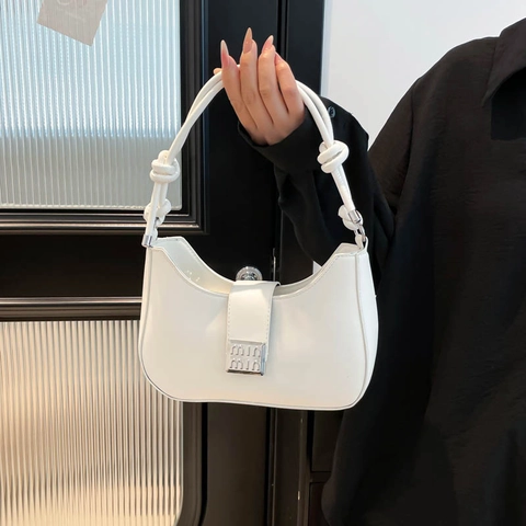 Knotted Strap Hobo Underarm Bag Solid Color PU Leather Silver Buckle Square Flap Shoulder Handbag For Women
