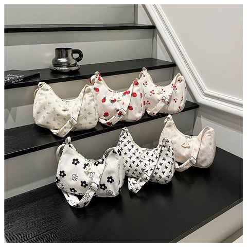 Corduroy Hobo Shoulder Bag Printed Cherry Strawberry Bow Pattern Sweet Underarm Purse With Adjustable Strap For Women