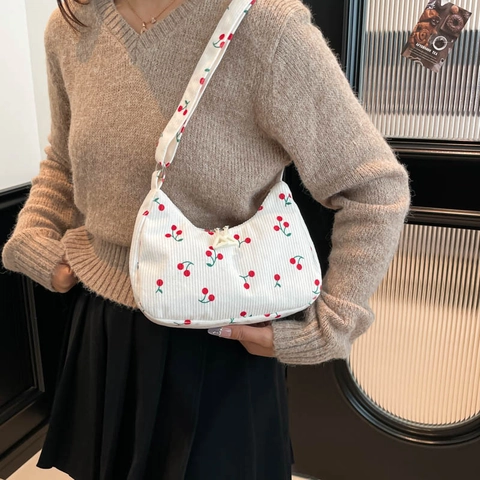Corduroy Hobo Shoulder Bag Printed Cherry Strawberry Bow Pattern Sweet Underarm Purse With Adjustable Strap For Women
