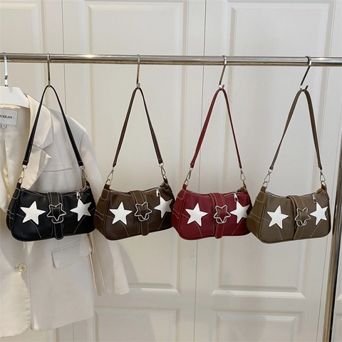 Damen Retro Stern Patchwork Achseltasche PU Leder Lychee Textur Kleine Quadratische Schultertasche Mit Sternschnalle Street Trend Handtasche