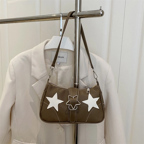 Bolso De Hombro Con Parche De Estrella Cuero PU Grano De Lichi Retro Y2K Con Hebilla De Estrella De Metal Para Mujer Casual
