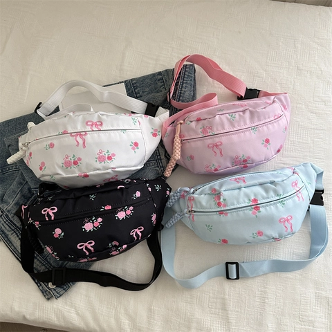 Damen Mode Blumen Schleife Druck Nylon Brusttasche Verstellbarer Riemen Lässig Süß Crossbody Gürteltasche Outdoor Reise Für Mädchen