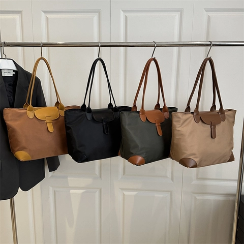 Dames Grote Capaciteit Nylon Patchwork Draagzak Contrastkleur PU Lederen Bies Waterdichte Schoudertas Reistas Handtas Werk