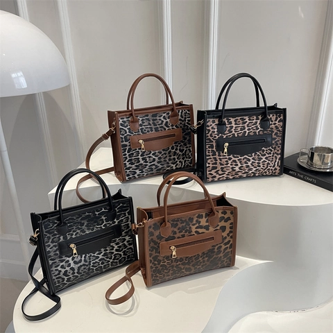 Bolso Tote con Estampado de Leopardo para Mujer Bolso de Mano de Cuero Sintético con Bloques de Color Correa Ajustable y Bolsillo con Cremallera