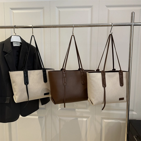 Large Capacity Tote Bag For Women Canvas And Synthetic Leather Minimalist Color Block Shoulder Handbag For Commuting