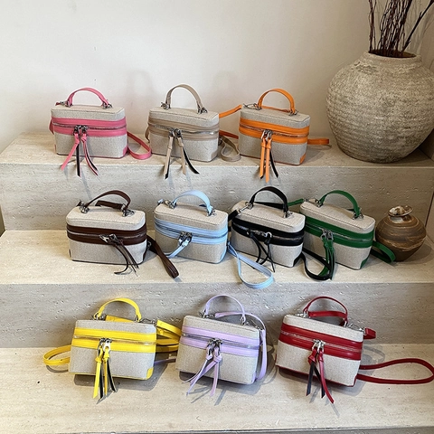 Borsa A Tracolla Box Donna Tela PU Pelle Patchwork Doppia Cerniera Nappa Lunga Borsa A Mano Vintage Color Block