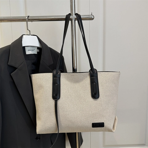 Large Capacity Tote Bag For Women Canvas And Synthetic Leather Minimalist Color Block Shoulder Handbag For Commuting