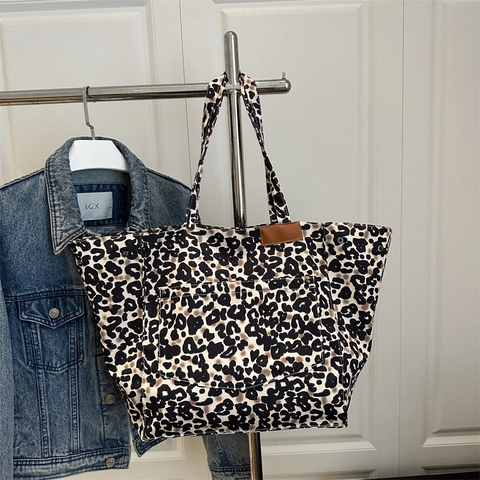 Grote Draagtas Met Luipaardprint Voor Dames Chique Canvas Schoudertas Met Buitenzak En Leren Patch
