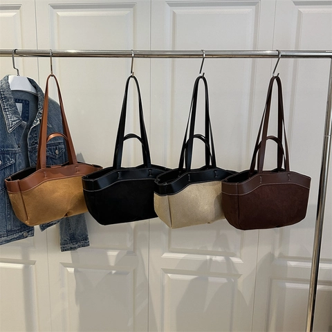 Borsa Tote Da Donna E Pochette Patchwork Pelle Camoscio Grande Capacità Cuciture A Contrasto Borsa A Spalla Ufficio Casual