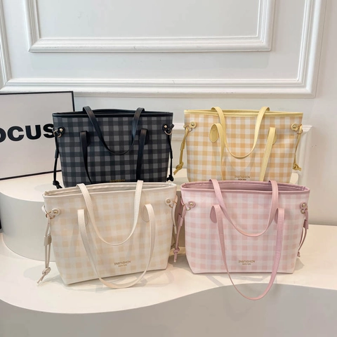 Borsa Tote Gingham da Donna in Stile Coreano Grande Capacità Pelle PU Quadri Borsa a Tracolla per Ufficio Lavoro Quotidiano Casual