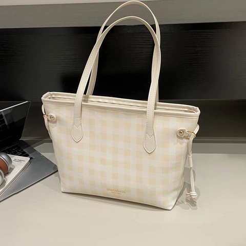 Women PU Leather Tote Bag Large Capacity Plaid Gingham Shoulder Bag With Cinch Detail For Daily Commute Casual Chic