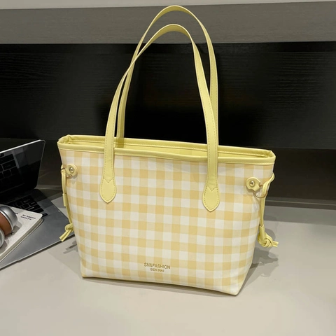 Bolso Tote Fresco Estilo Coreano Gingham Mujeres Gran Capacidad Cuero PU Color Contraste Bolso Hombro Dulce Viaje Trabajo