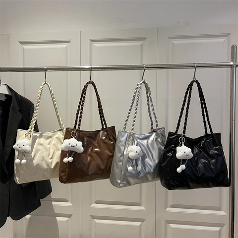 Large Capacity PU Leather Tote Bag Quilted Embossed Texture Retro Braided Handle Shoulder Handbag For Women
