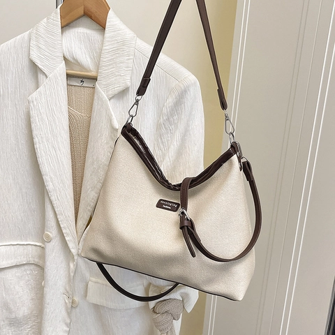 Borsa Da Ascella In Tela Da Donna Con Finiture In Pelle PU E Ciondolo Di Perline Borsa A Tracolla Retrò Versatile