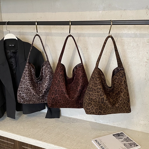 Luipaardprint Suède Tote Tas Grote Capaciteit Retro Schoudertas Koreaanse Stijl Voor Dames