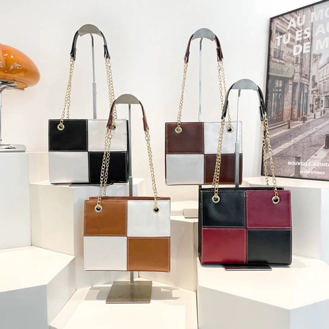 Dames PU Leer Kleurblok Vierkante Schoudertas Minimalistische Geblokte Ketting Crossbody Tas Dagelijks Woon-werkverkeer Tote Handtas