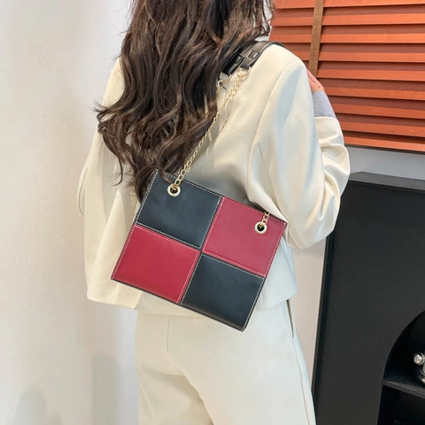 Women Color Block Crossbody Bag PU Leather Checkerboard Small Square Handbag With Gold Chain Strap Trendy Shoulder Bag