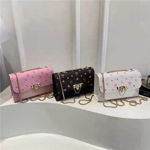 Borsa A Tracolla Quadrata Piccola Da Donna Con Stampa Floreale E Fiocchi Pelle PU Catena Dorata Borsa Alla Moda