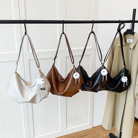 Women Large Capacity PU Leather Hobo Shoulder Bag Pleated Minimalist Tote Bag With Plush Monster Pendant Wide Strap Crossbody Bag