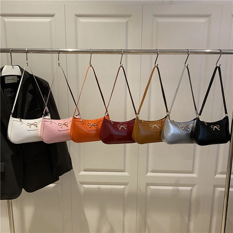 Trendy Women Bowknot Patent Leather Underarm Bag Solid Color Shiny Metallic Bow Small Shoulder Bag Commuting Fashion Handbag
