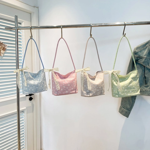 Damen Segeltuch Gingham Gänseblümchen Umhängetasche Süß Frisch Eimertasche Mit Spitzenschleife Blumen Bedruckte Handtasche Für Damen