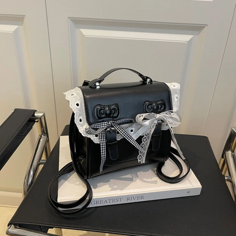 Zaino Mini Lolita in Pelle PU Dolce Decorazione con Fiocco in Pizzo Borsa a Tracolla alla Moda Versatile per Donna Studenti