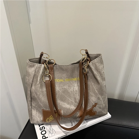 Borsa Tote Donna Grande Capacità Pelle PU Tela Lavata Patch Lettere Retro Casual Borsa Quotidiana