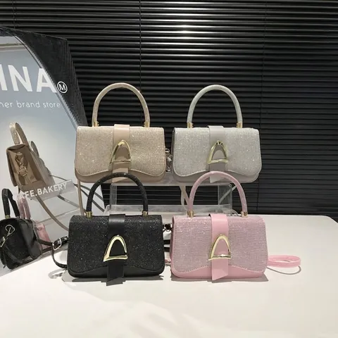 Dames Mode Glitter Lovertjes Schoudertas Elegante Kleine Vierkante Handtas Met Metalen Gesp PU Crossbody Tas