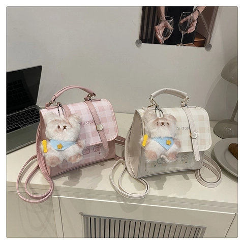 Mini Sac À Dos Quadrillé Pour Femmes Cuir PU Pendentif Ours Mignon Multi Usage École Voyage Sac À Main Mode