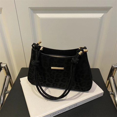 Vintage Luipaard Onderarmtas Faux Suède Schoudertas Met Geknoopte Riem Goudkleurig Metaal Decor Retro Trendy Handtas