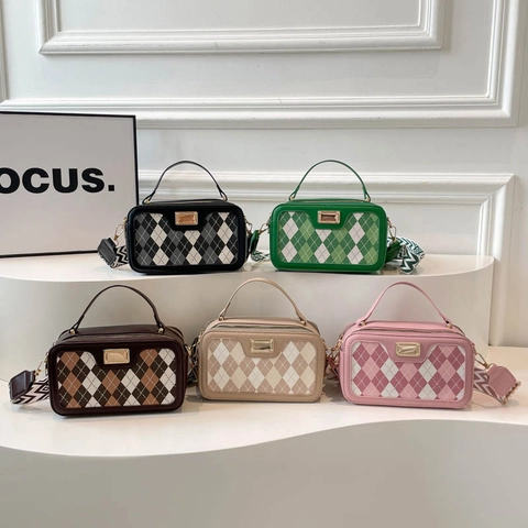 Urban Plaid Argyle Small Square Bag Women Korean PU Leather Handbag With Wide Woven Shoulder Strap Commute Crossbody Bag