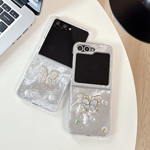 Funda Samsung Z Flip Mariposa Diamantes Imitación Perla Artificial Textura Papel Aluminio Metálico Lujo Cubierta Protectora Plegable