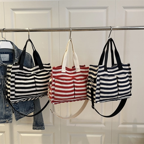 Damen Casual Gestreifte Segeltuch Tragetasche Große Kapazität Schulter Umhängetasche Verstellbarer Riemen Multi Pocket Handtasche