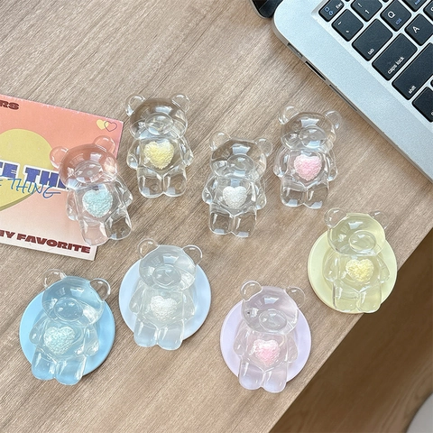 Kawaii 3D Cartoon Bär Handyhalter Transparentes Harz Herz Dekor Magnetisch Zusammenklappbar Teleskop Griptok Ständer