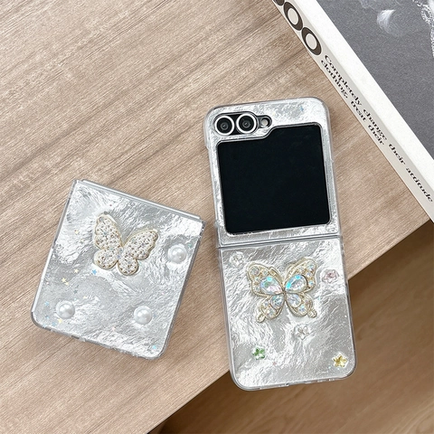 Funda Samsung Z Flip Mariposa Diamantes Imitación Perla Artificial Textura Papel Aluminio Metálico Lujo Cubierta Protectora Plegable