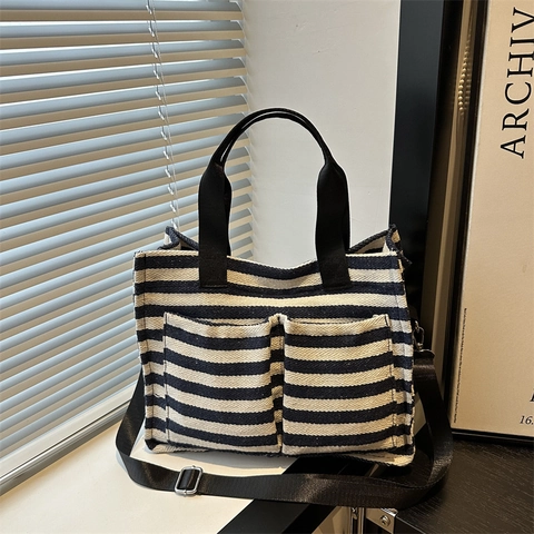 Borsa Tote In Tela A Righe Grande Capacità Borsa A Spalla Con Tasche Frontali Fibbia Magnetica Tracolla Regolabile