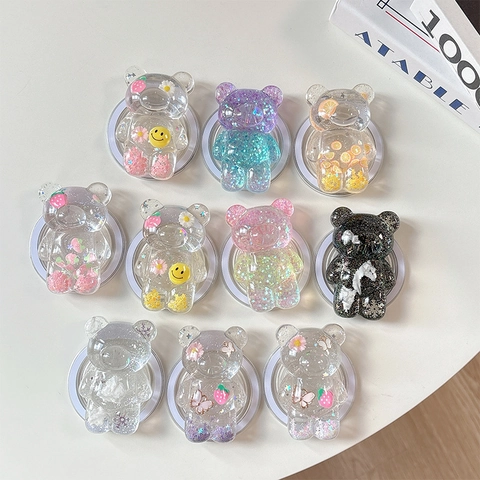 Porta Cellulare Orsetto 3D Simpatico Magnetico Estensibile Resina Glitter Fiori Fragola Kawaii Accessorio Mobile