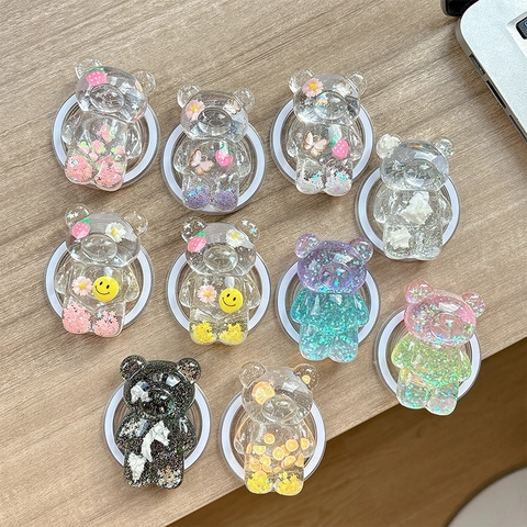 Porta Cellulare Orsetto 3D Simpatico Magnetico Estensibile Resina Glitter Fiori Fragola Kawaii Accessorio Mobile