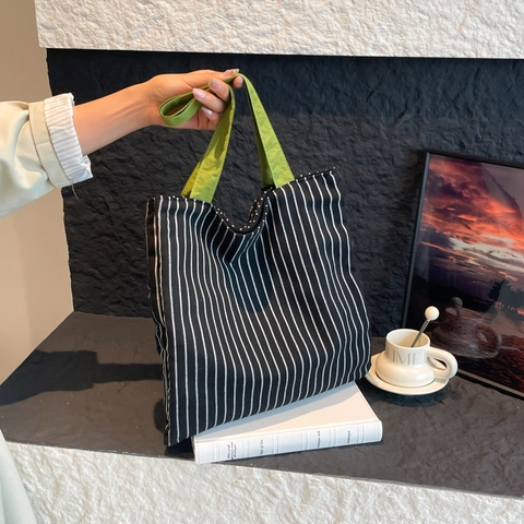 Borsa Tote Da Donna In Tela Grande Capacità Manico A Contrasto Righe Quadretti Borsa A Spalla A Mano Casual Moda Quotidiana