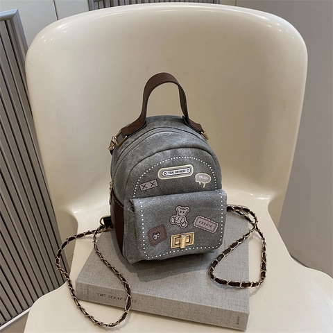 Mini Zaino Borsa A Tracolla Denim Vintage Tela Con Patch Orso Carino Ricamo Tracolla A Catena Borsa Alla Moda