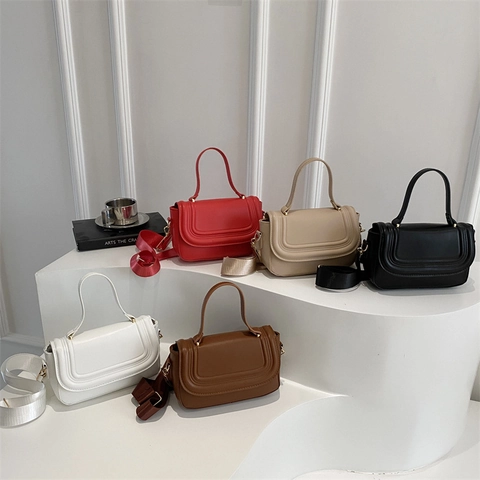Women Small Square Shoulder Crossbody Bag PU Leather Wide Webbing Strap Flap Stitching Design Chic Handbag