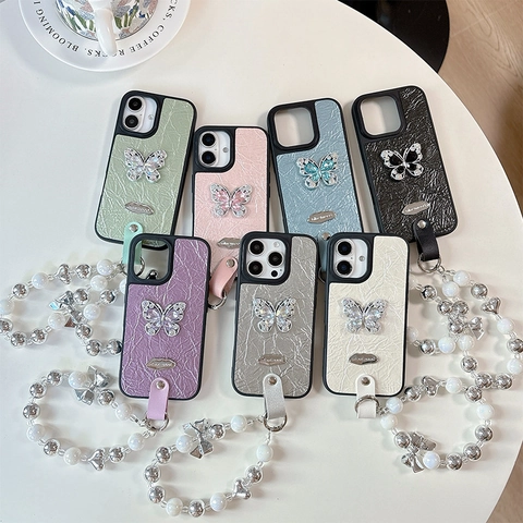 Rhinestone Butterfly iPhone Case Pleated PU Leather Protective Cover With Beaded Artificial Pearl Wrist Strap Luxury Lady Style